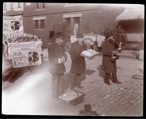 街头小贩在纽约第6大道附近卖无花果和其他商品的视图，c.1903（银色明胶印刷）